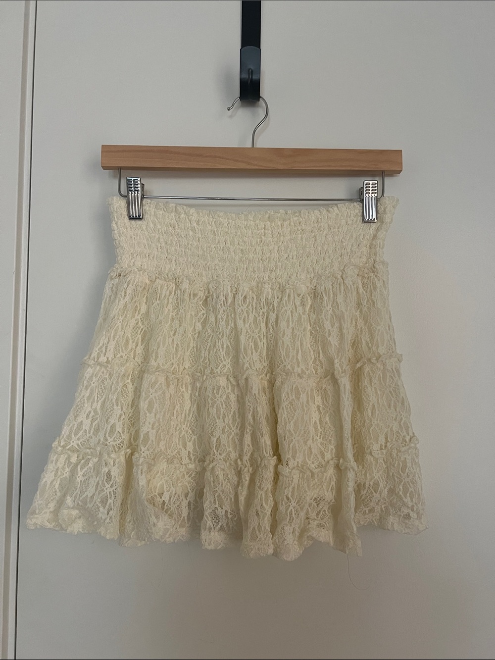 Pink Lily Cream Lace Smocked Tiered Mini Skirt